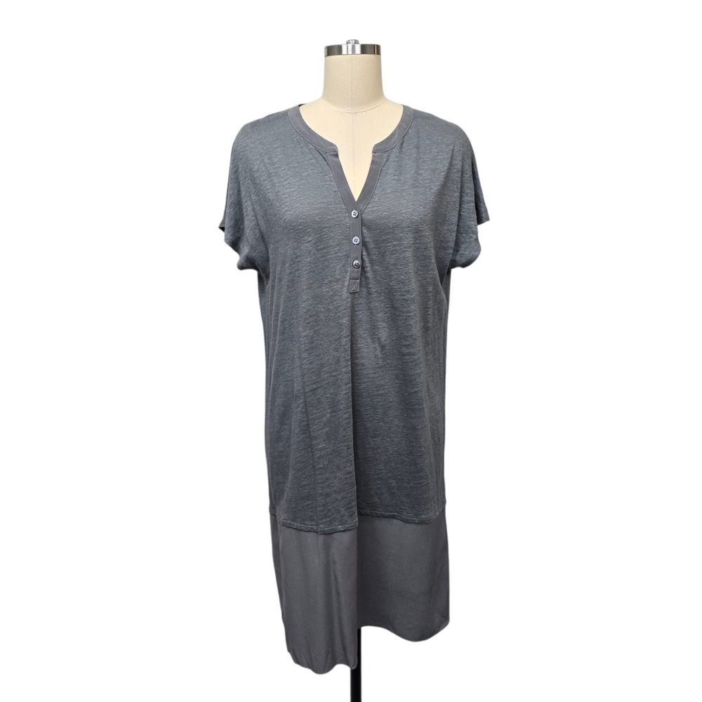 Poetry Women's Size 8 Gray V Neck Button Front Short Sleeve Midi Dress Lagenlook